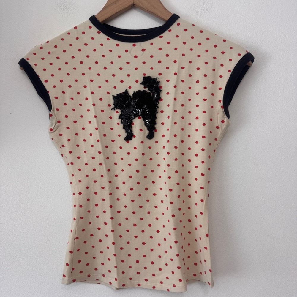Red Polka Dot Top with Black Cat